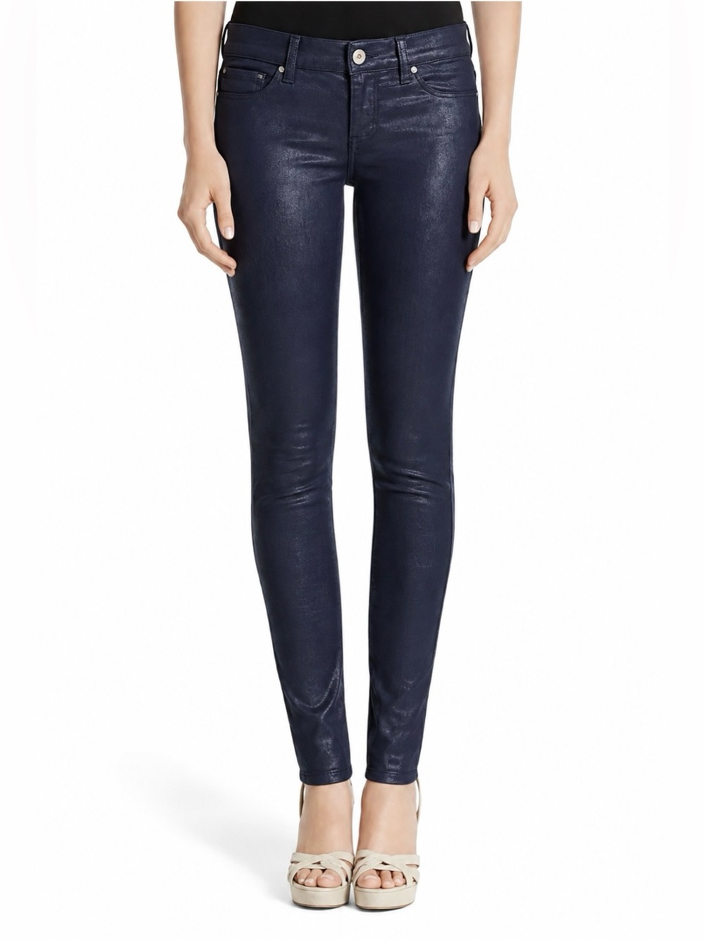 NWT WHBM White House Black Market Coated Navy Blue Shimmer Jeans Sz 4L $120